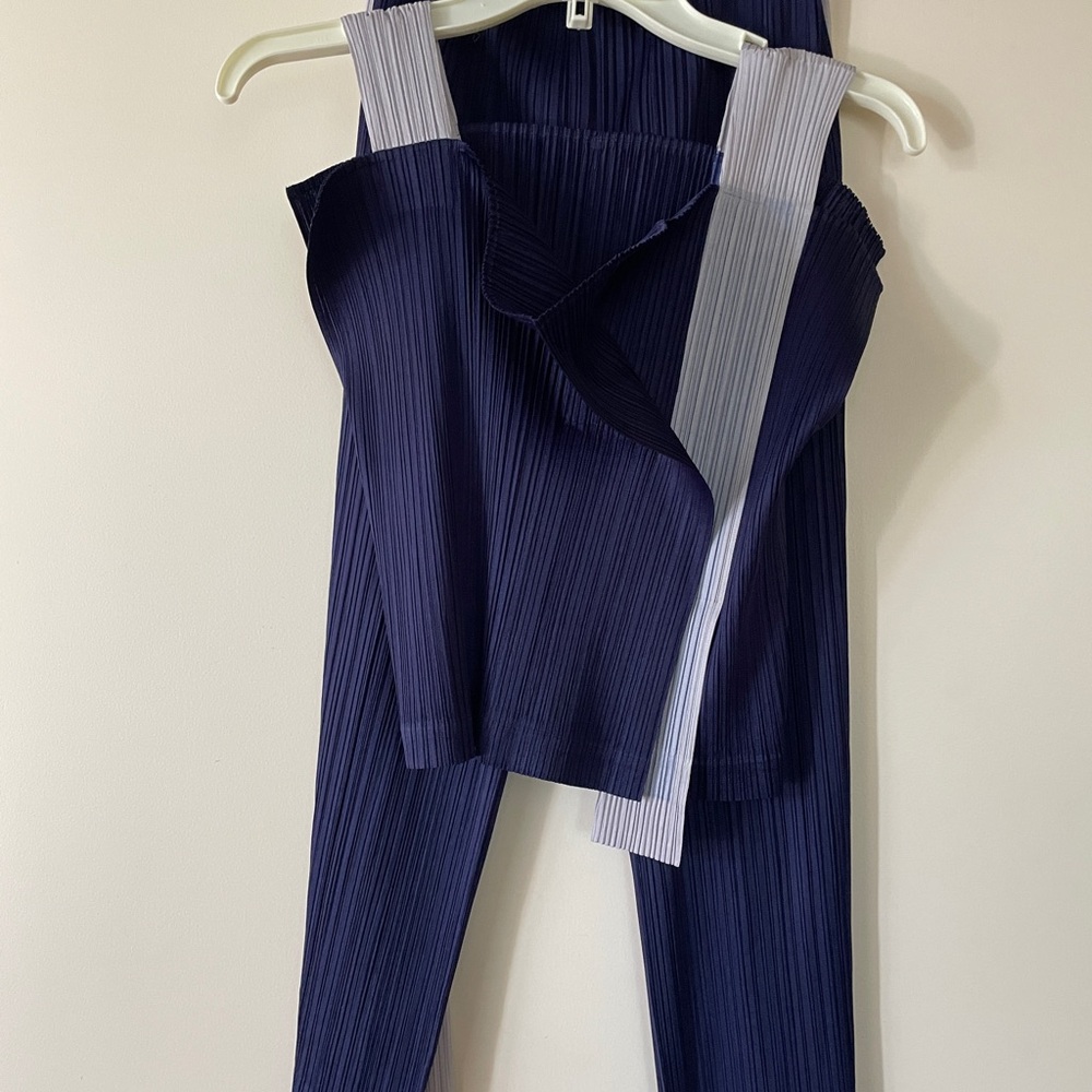 Issey Miyake Dark Blue and Light Gray Pleated 2 pc. set